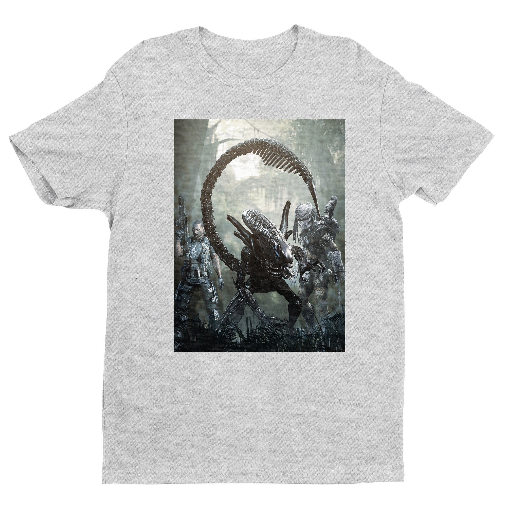Aliens vs. Predator alien promo art tee — gray unisex t-shirt, front view